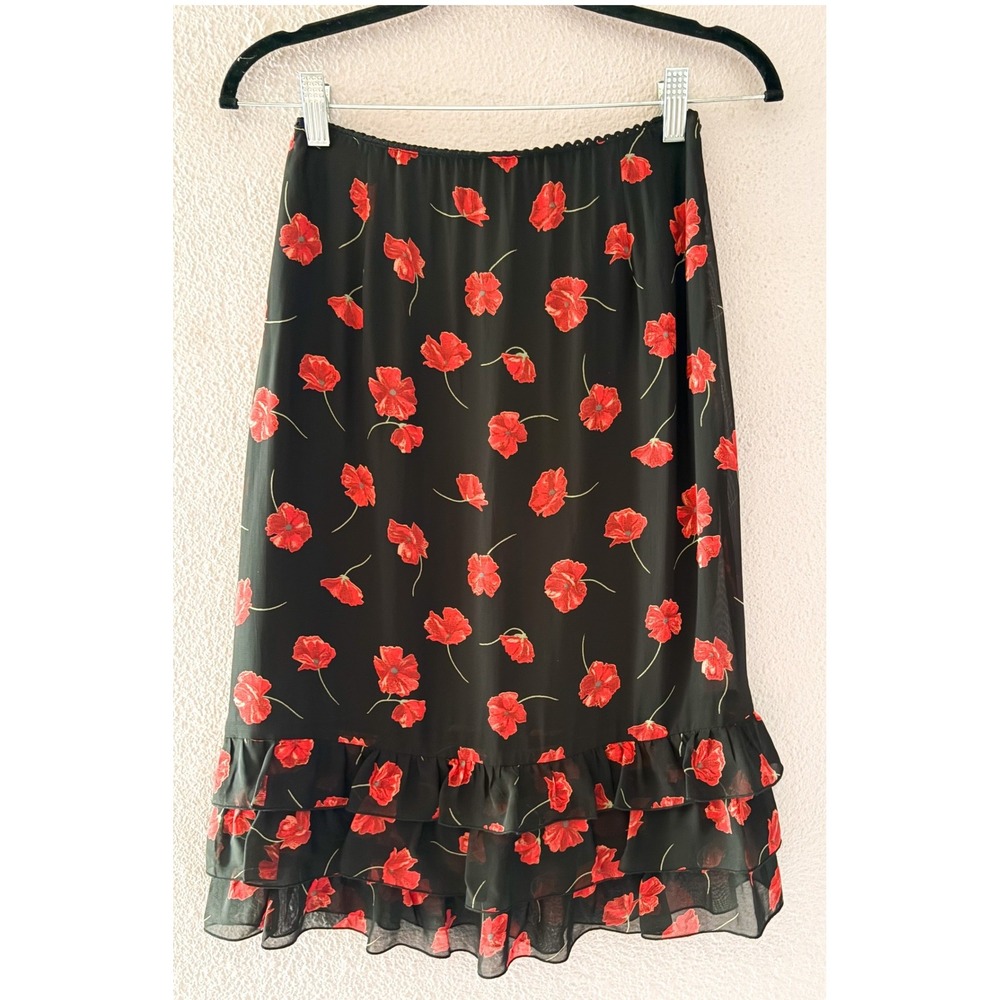 Alain Manoukian Black Red Floral Poppy Ruffle Hem Midi Skirt Y2K Romantic Sz 6